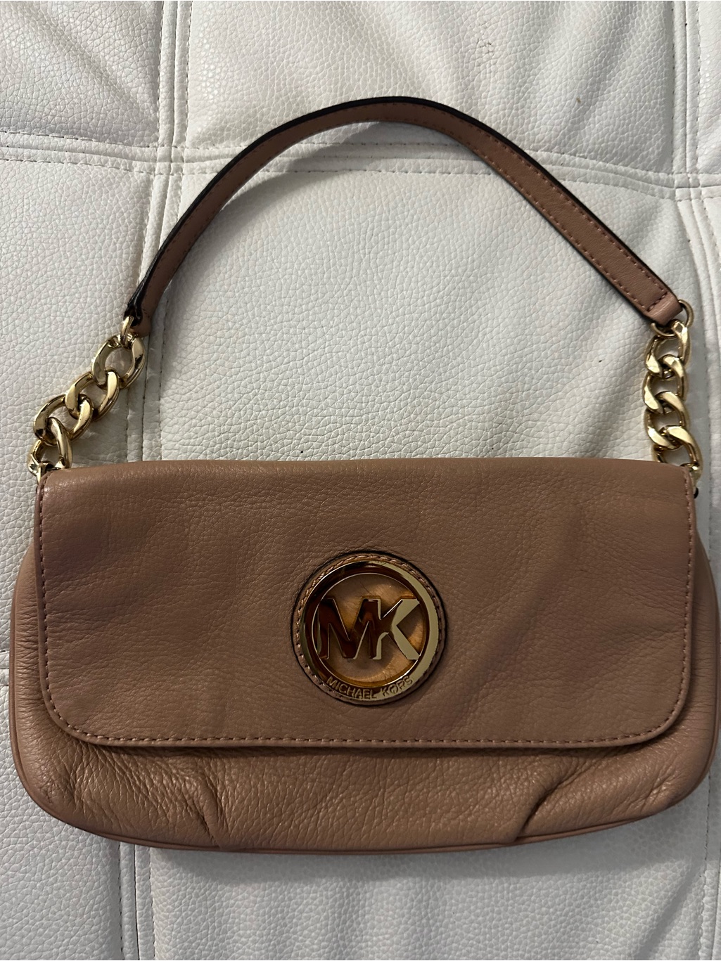Michael Kors Beige-Tan Leather Shoulder Bag With Gold Mk Emblem